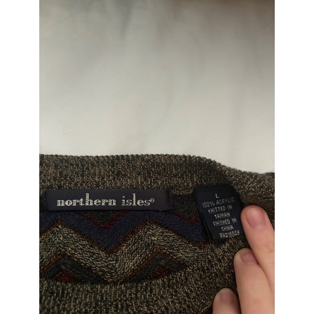 Northern Isles Mens Chevron Zigzag Knit Sweater Brown Burgundy Navy Large‎ L - Picture 4 of 4